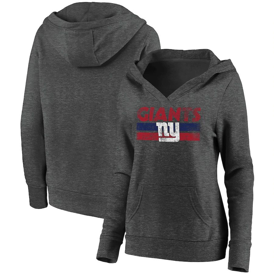 Women New York Giants Fanatics Branded Heathered Charcoal First String V-Neck Pullover Hoodie->women nfl jersey->Women Jersey